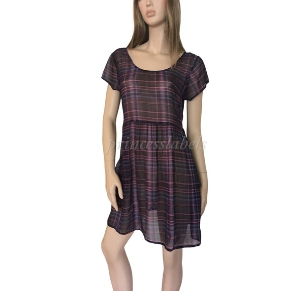 Band of Gypsies (BOG) Babydoll Plaid Dress Semi Sheer Pockets Tie Back Plaid - Picture 5 of 11